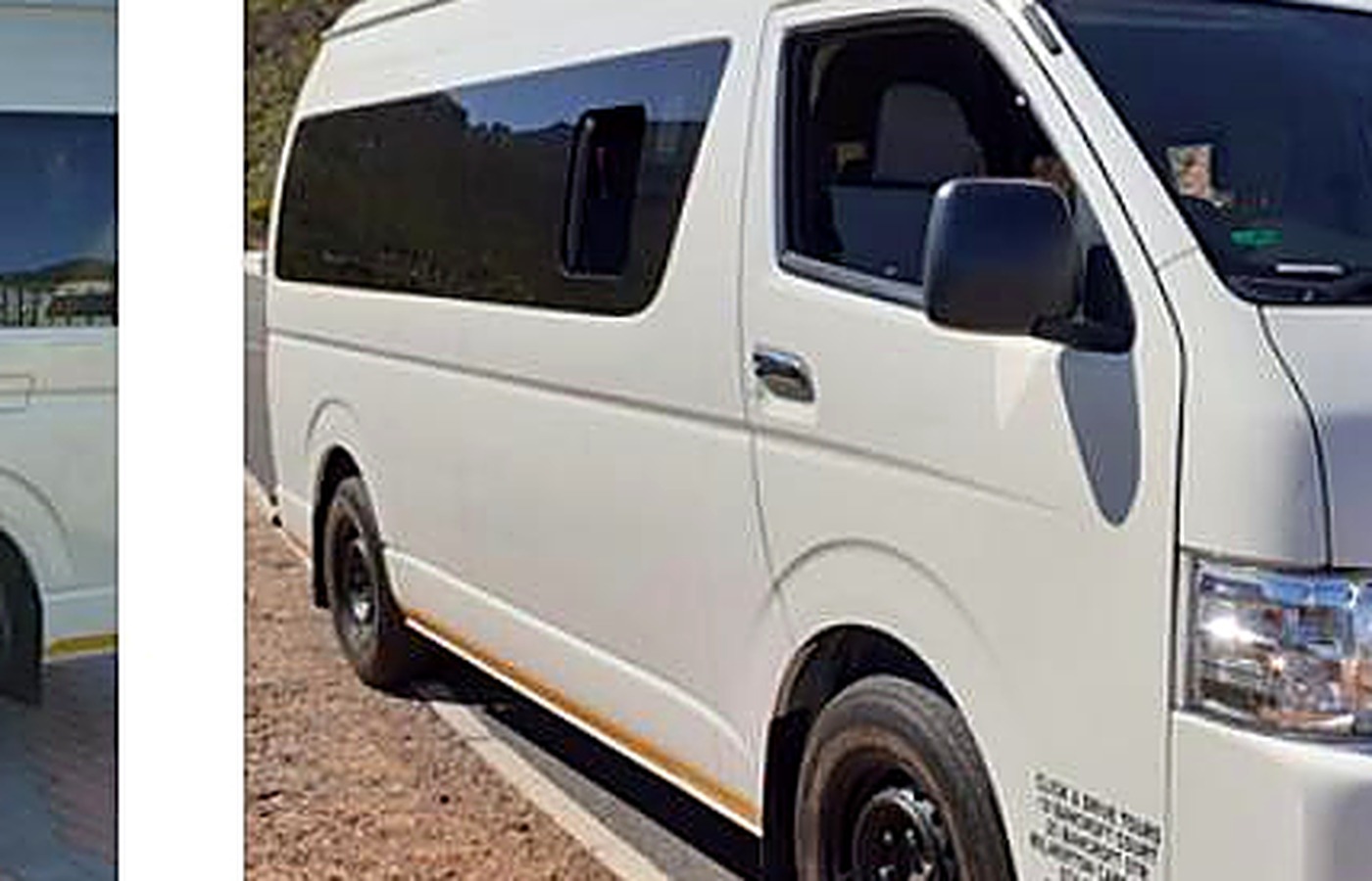 White 13-seater minibus, front view